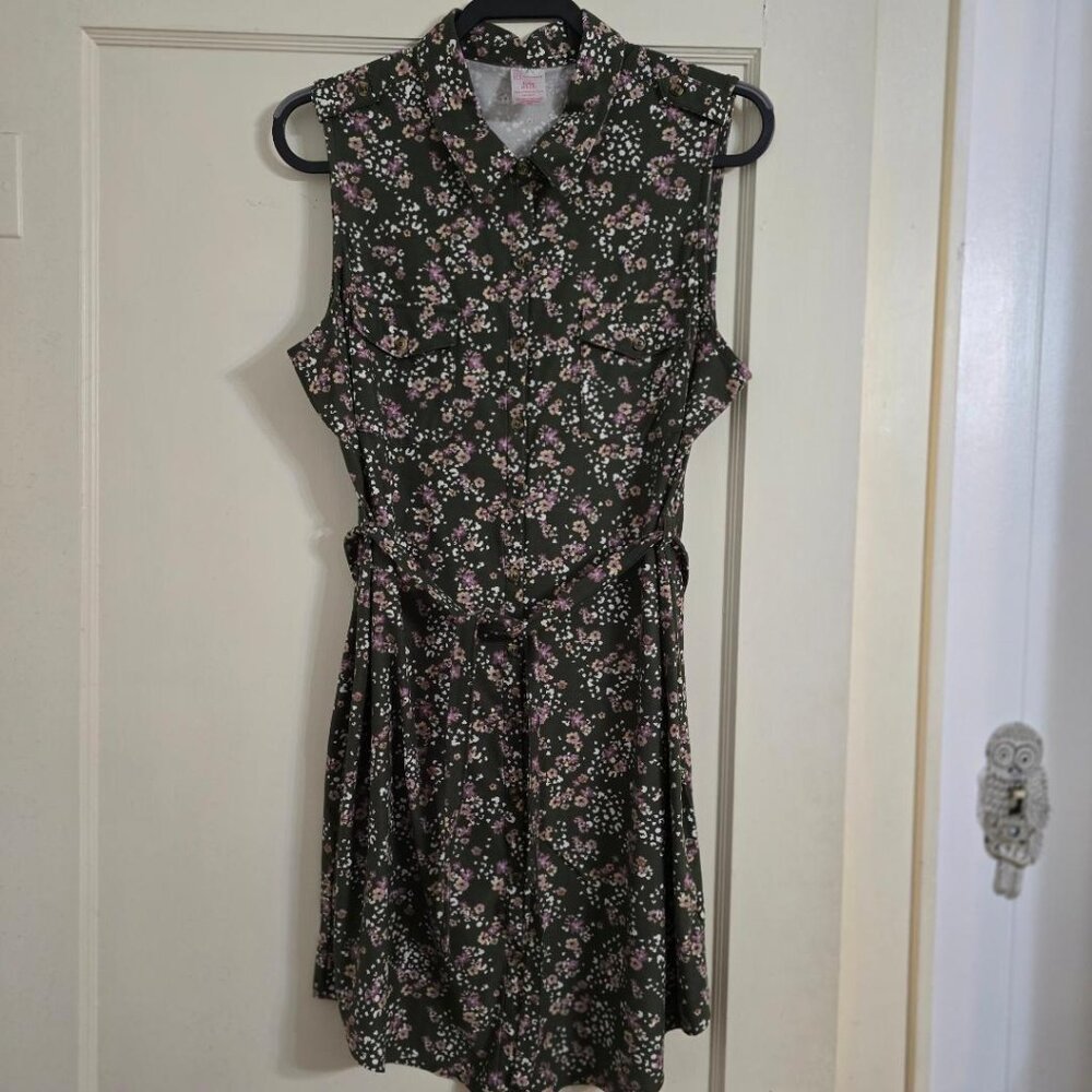 XL 15-17 No Boundaries Olive Pink Floral Sleeveless Mini Dress Stretch JR